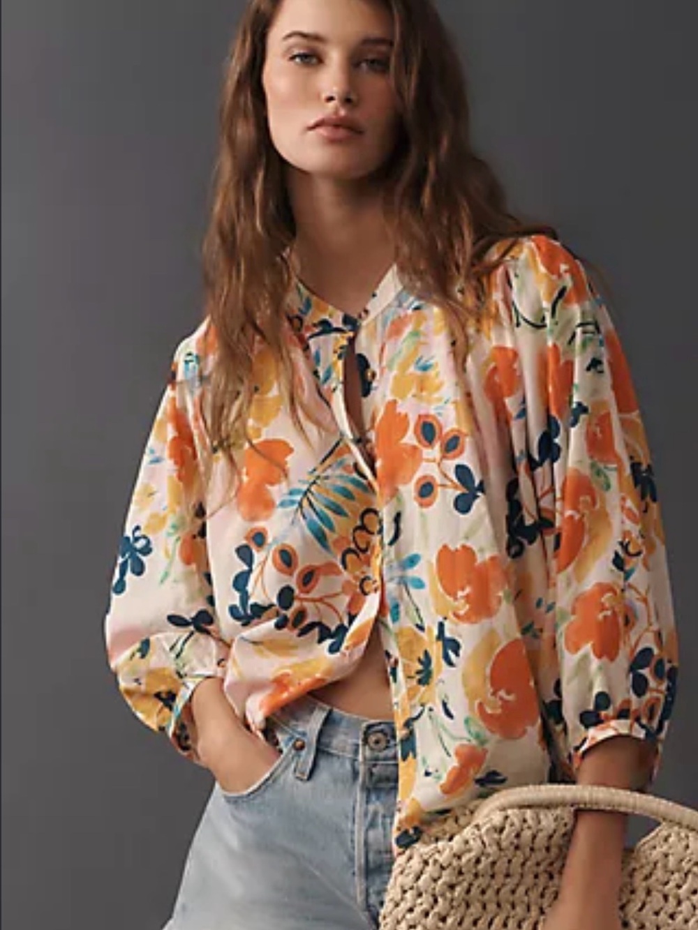 Pilcro Cream Blouse with Orange and Navy Floral Motif